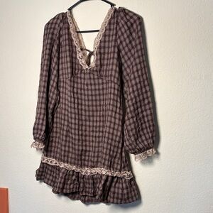 Plaid Long Sleeve Dress with Lace Trim